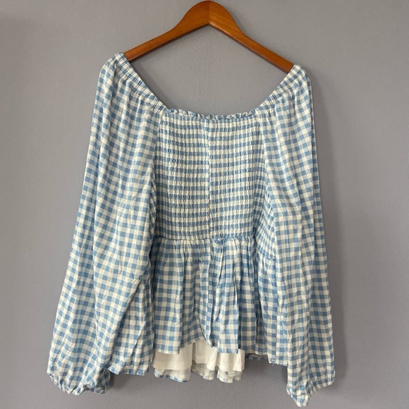Torrid Rayon Slub Smocked Bodice Long Sleeve Crop Top Blue Gingham Size 3X - Picture 8 of 9